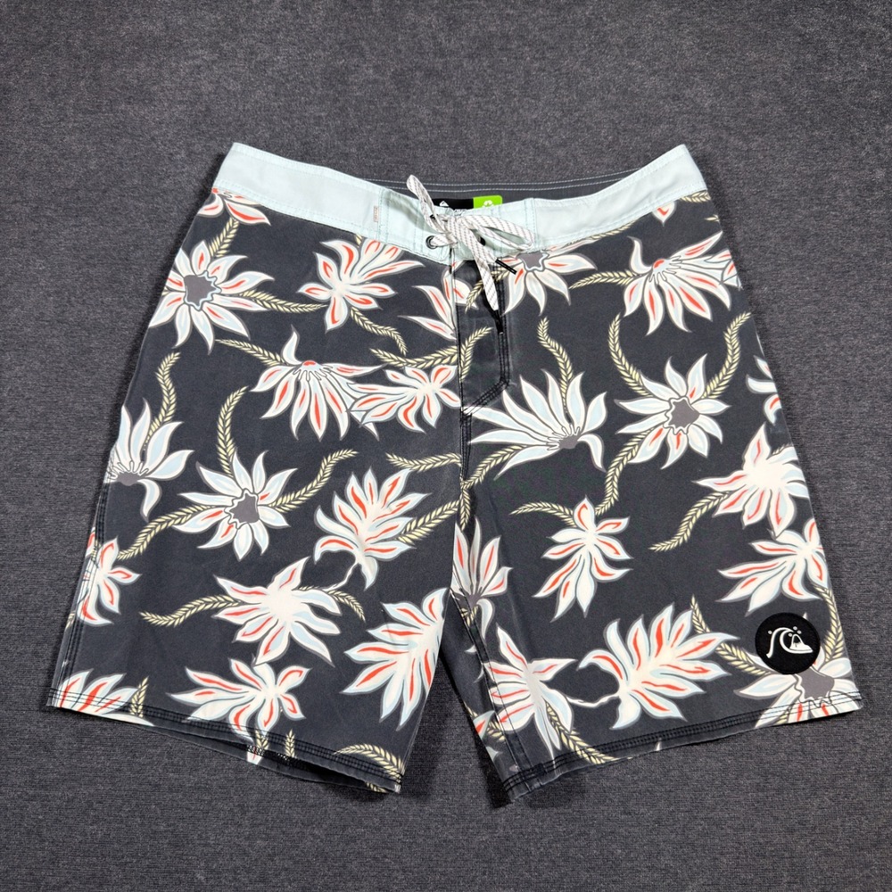 Quiksilver Board Shorts Men 31 Gray Highline Floral Tropical Swim Trunks Surf‎